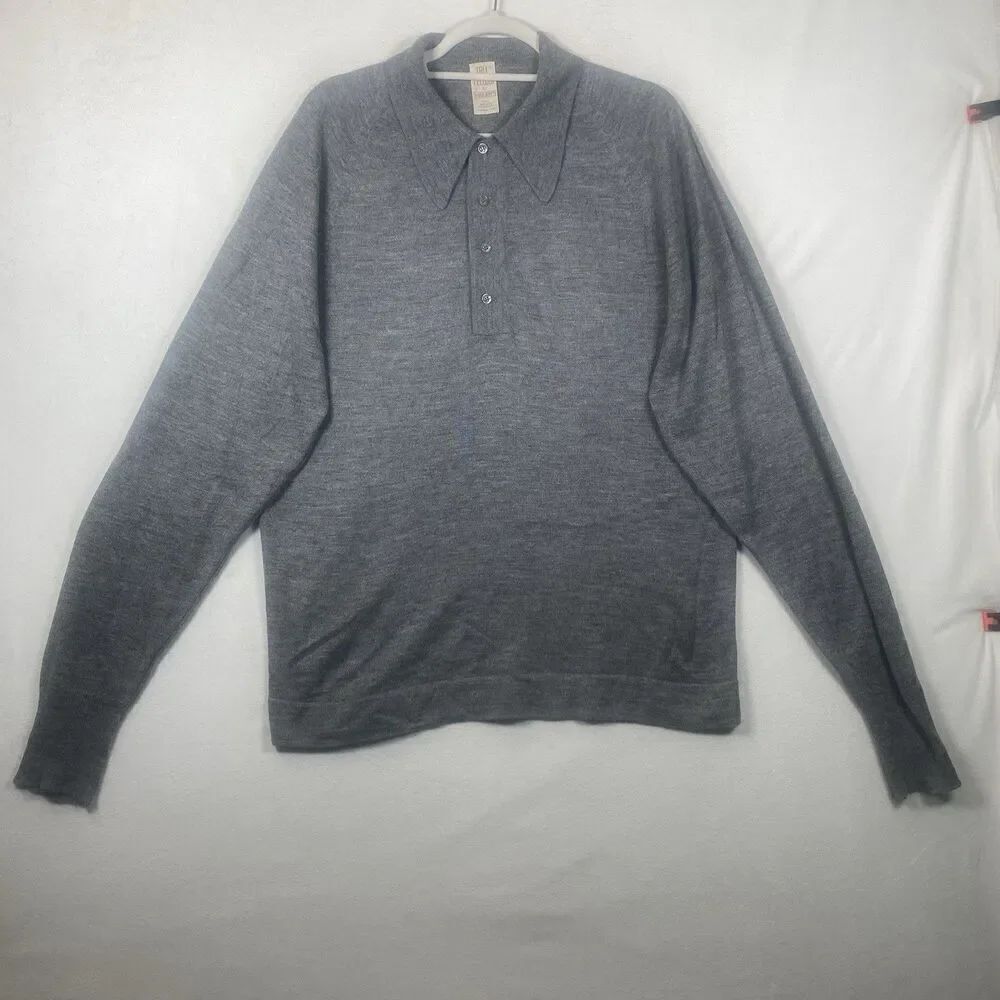 Vintage Lord Jeff Tall Fellow Gray Knit Polo Sweater Long Sleeve Made in USA